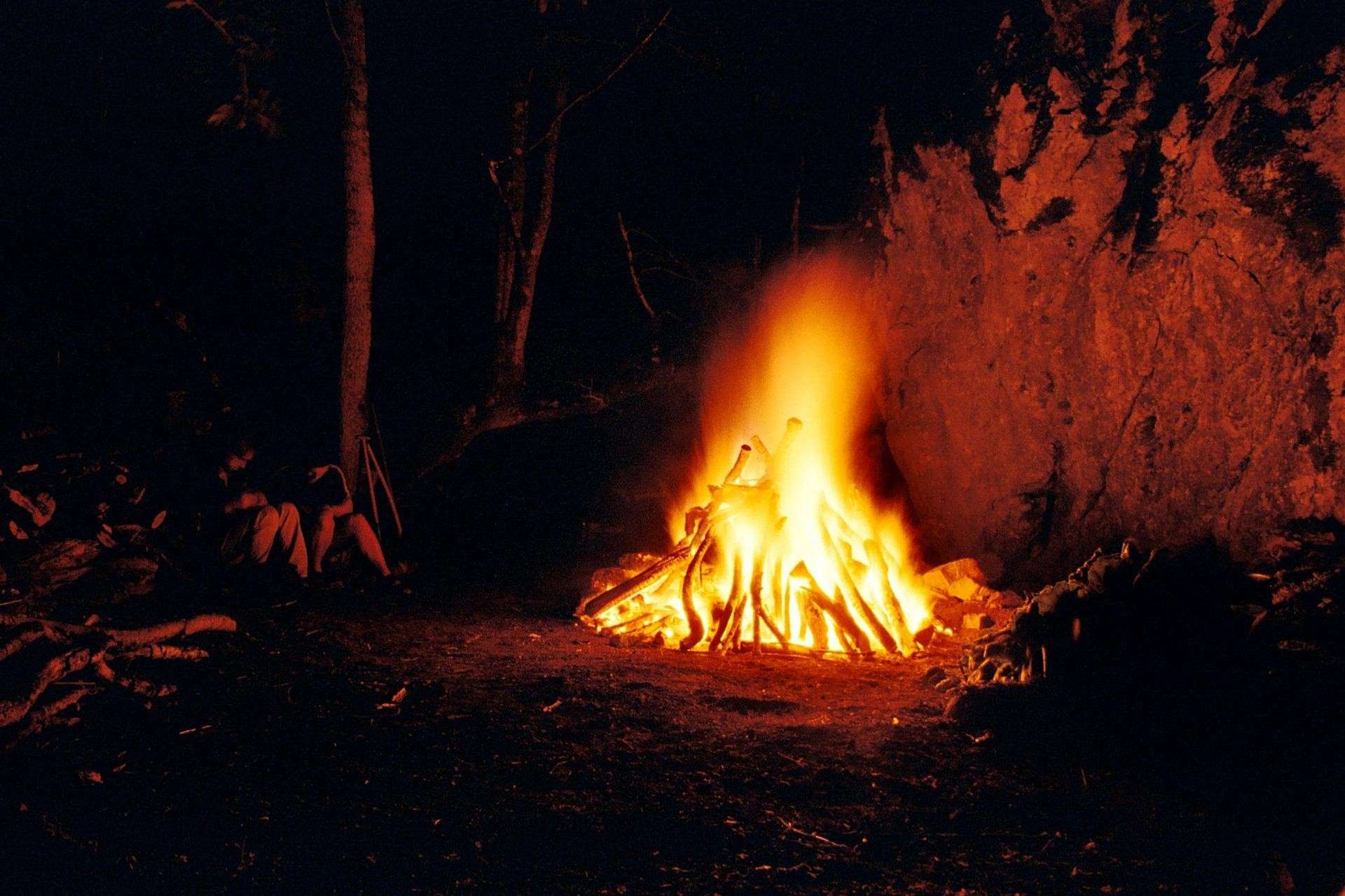 camp fire in a dark forest